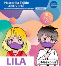 Mascarilla tejido Antiviral Infantil de 3 a 5 Años 1U + 10 Filtros lila