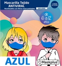 Mascarilla Tejido Antiviral Infantil de 6 a 12 años 1U + 10 Filtros azul